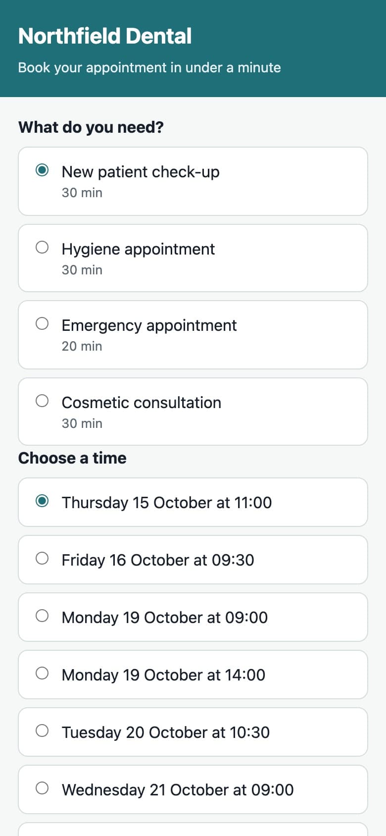 The booking page: choose a treatment and a time